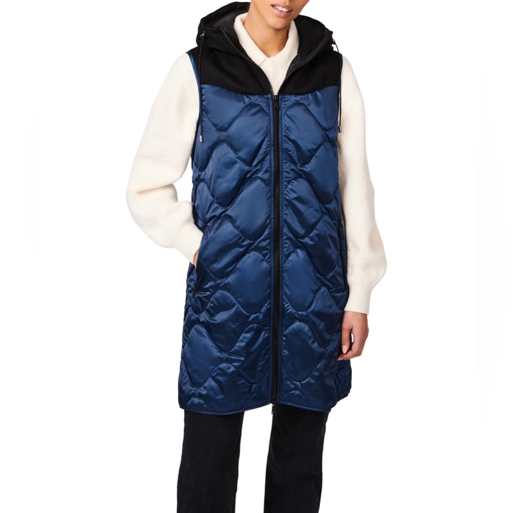Bernardo Fashions Wave Quilt Hooded Long Vest In Navy